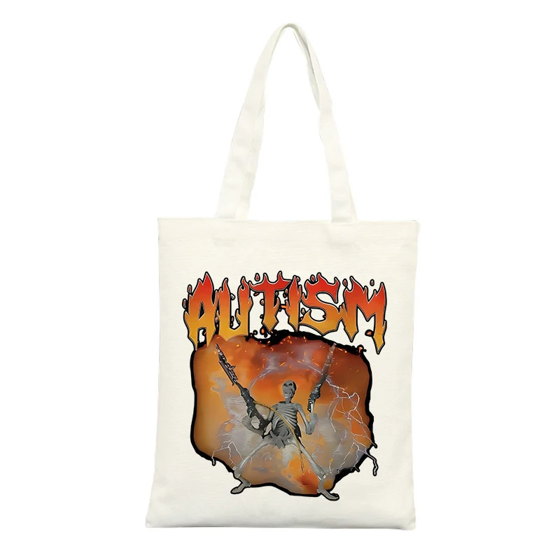 Skull and Flame Graphic Canvas Tote Bag, Streetwear Style for Casual Shopping and Daily Use