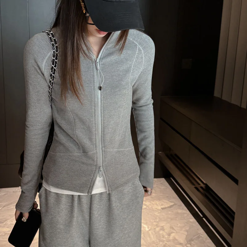Comfortable and Soft Double Zipper Coat Women Korean Fashion Slim Fit Stand-up Collar Sports Jacket Patchwork Cardigan Outerwear
