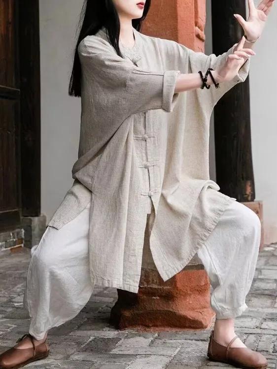 

Linen Long Shirt Women Spring Autumn 2026 New Loose Mid-Length Long Sleeve Tai Chi Clothes Cotton-Linen Outerwear