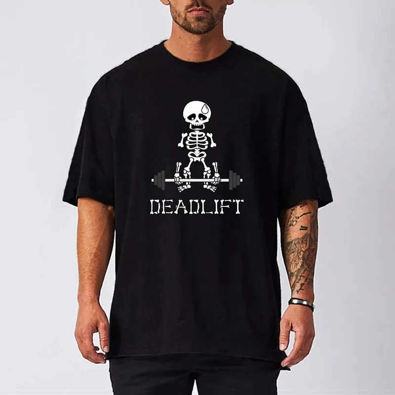 

Human Skeleton Deadlift Barbell Gym Clothing Men Fitness Oversized Loose T-Shirt Mesh Quick Dry Short Sleeved Bodybuilding Shirt