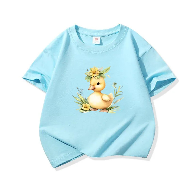 Duck And Flowers Graphic Tee Kids 100% Cotton Crew Neck Muticolor T Shirt Short Sleeve Breathable Tops For Girls Boys Children