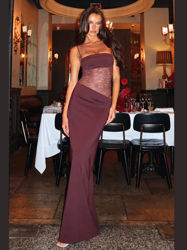 

Elegant Lace Cut Out Maxi Dresses for Women 2025 Sexy Spaghetti Strap Patchwork Holidays Party Dress Summer Backless Long Dress