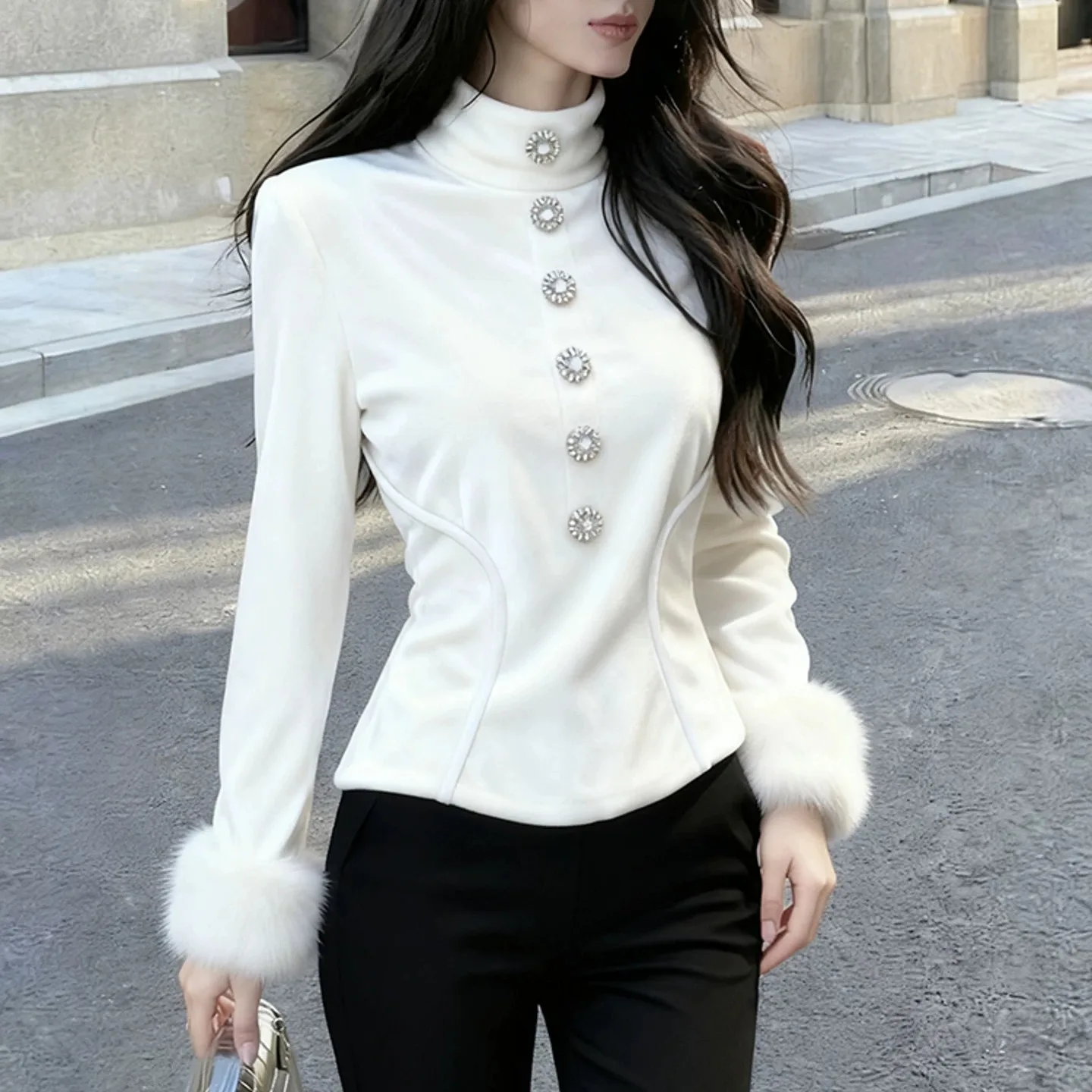 

Осень-зима, белая бархатная рубашка, тонкие топы с высоким воротником и длинным рукавом, повседневные женские пуловеры, блузка