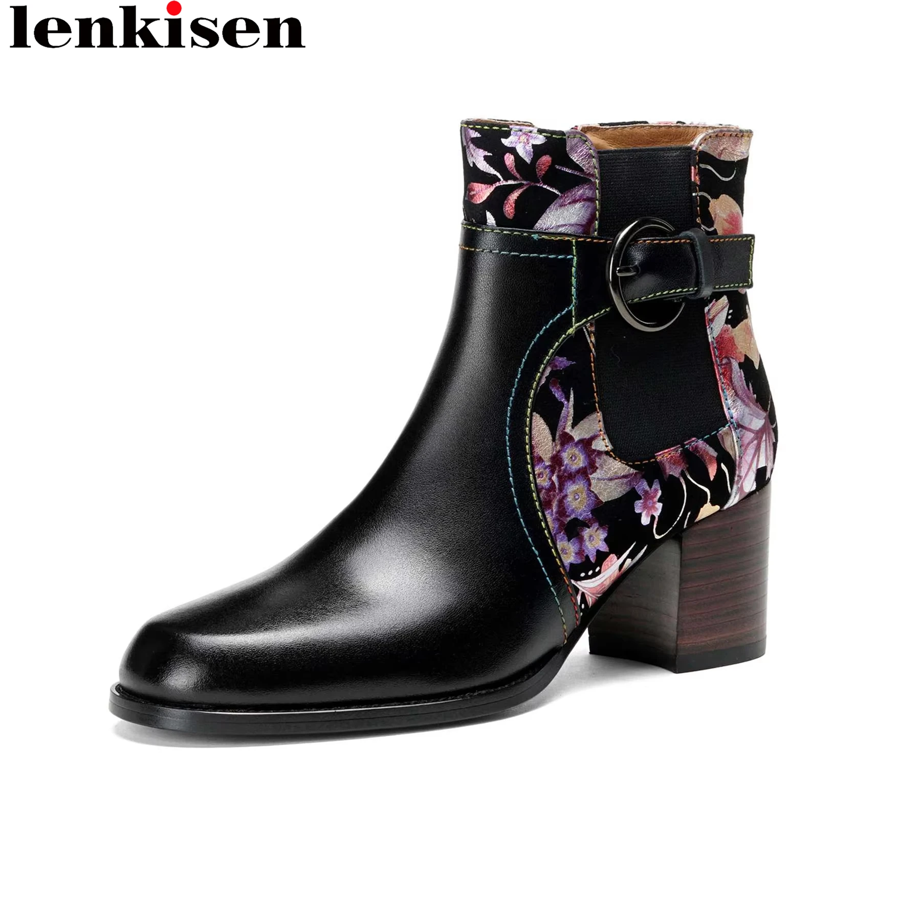 Plus Size 33-43 Cow Skin  Embroidery Flower Print Round Toe High Heels Zip Modern Motorcycle Boots Warm Winter Shoes Ankle Boots