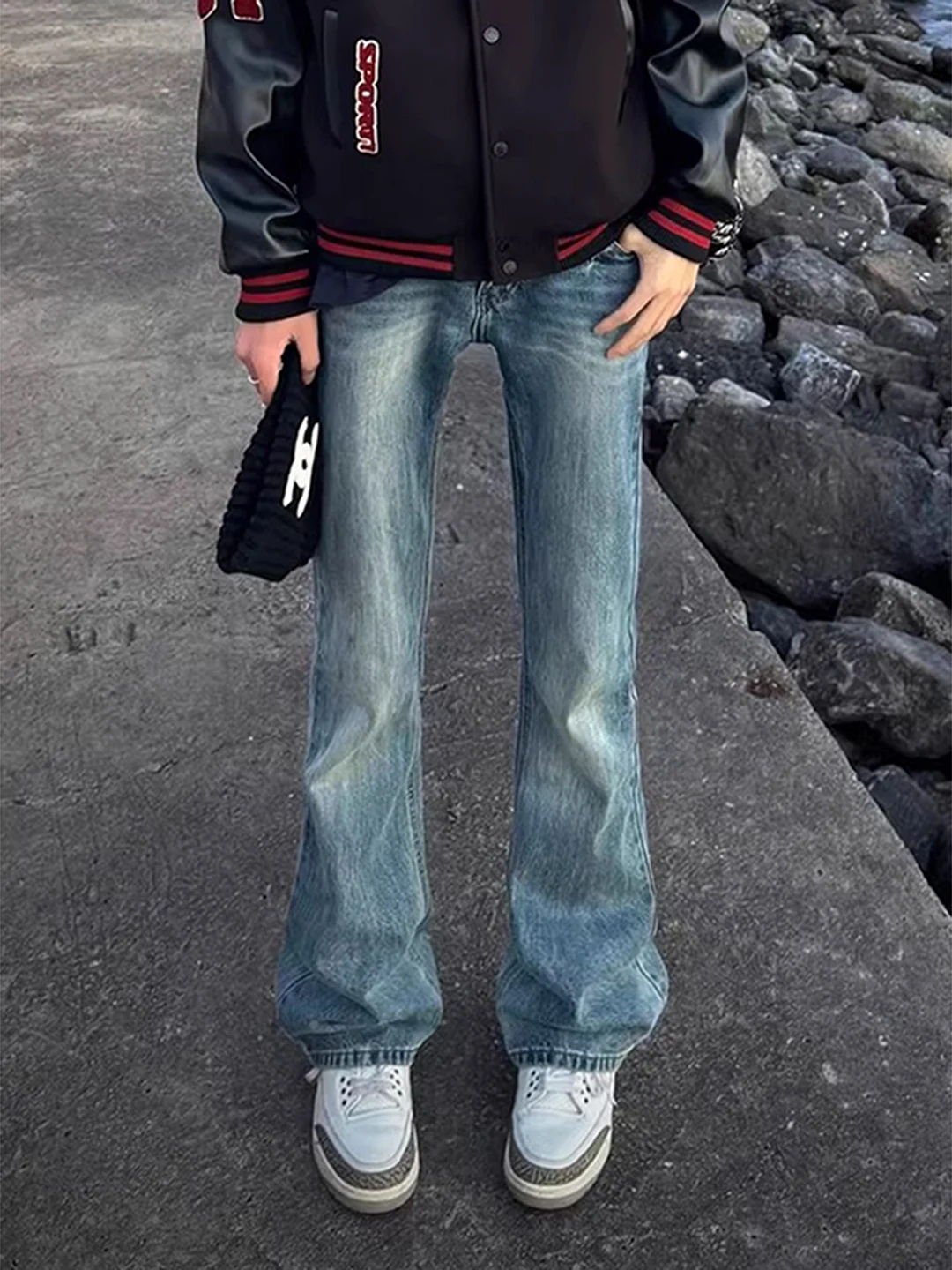 

Blue Lightning Pattern Flared Jeans Men's Winter American High Street Knife Fleece Lined Slim Straight Tube Pants