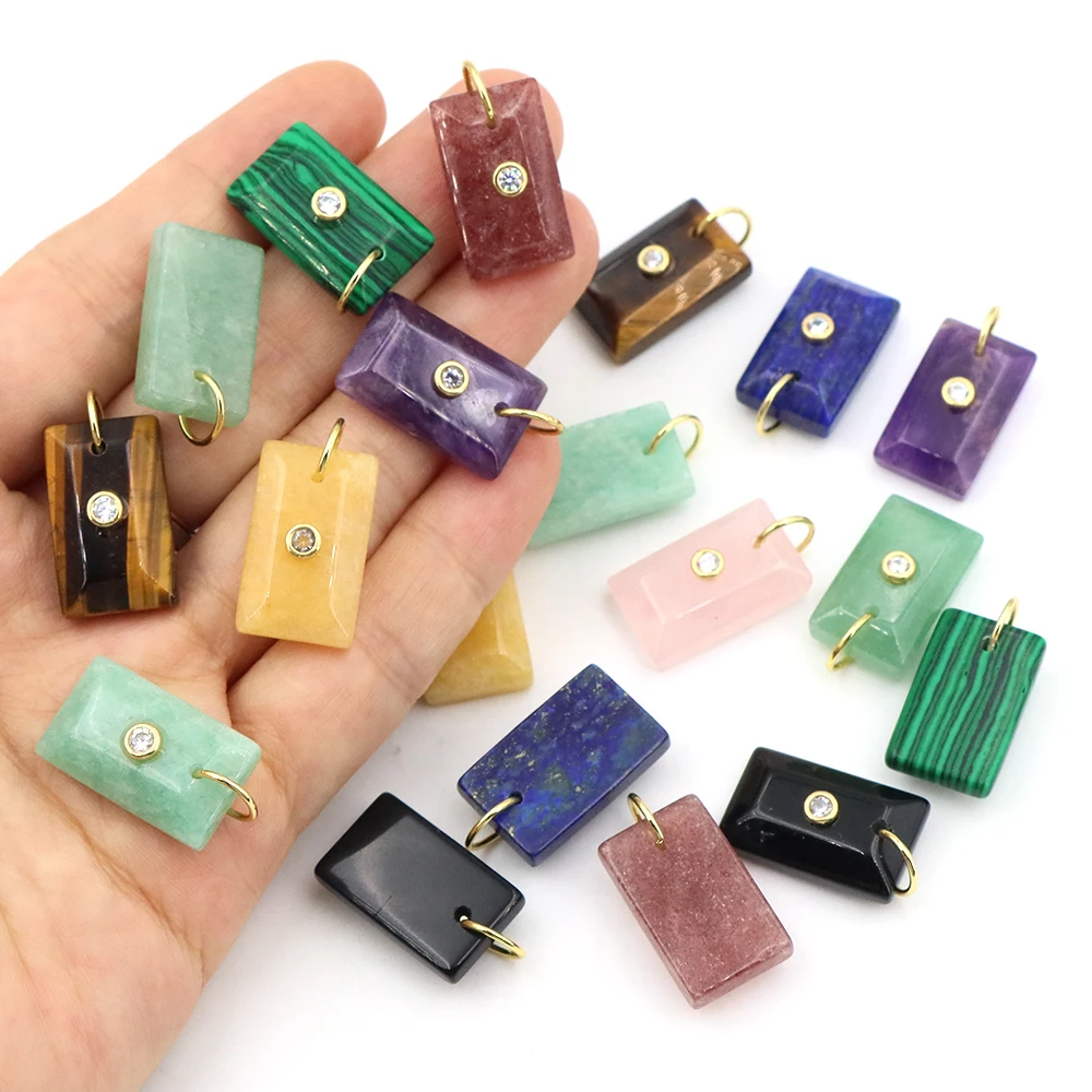 Natural Crystal Rectangle Stone With Inlaid Zircon Pendants Amethyst Rose Quartz Lapis Lazuli DIY Women Men Fashion Necklace Cha