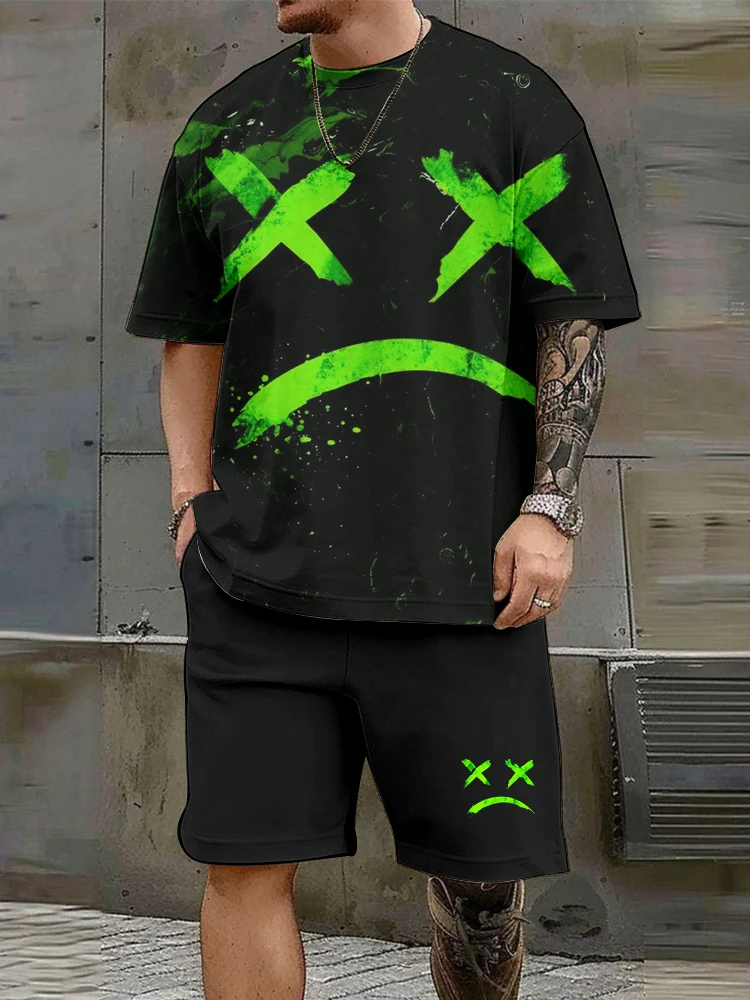 Devil Smiley Men's Streetwear Round Neck Short Sleeve Shorts Suit Personalized Fashion Printing Men's Two-piece Clothing