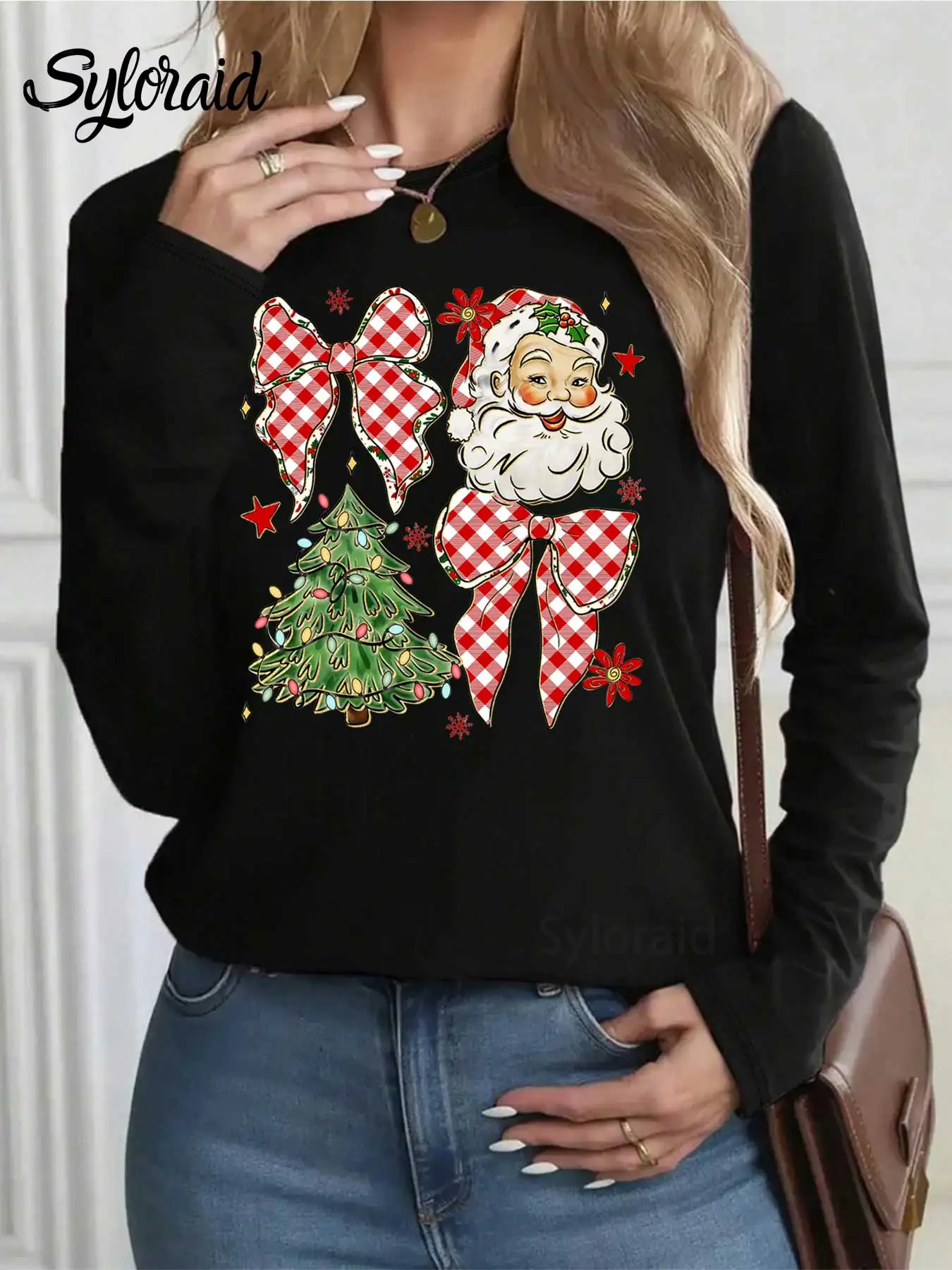 Camiseta de manga larga para mujer, camiseta con gráfico de Papá Noel con lazo navideño a cuadros, Top informal con cuello redondo a la moda para todas las estaciones