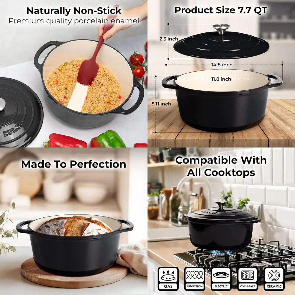 

Enameled Cast Iron Dutch Oven, 7.7 Qt, Oven-Safe to 500°F, Ideal for Baking, Stews, and Roasting – Black