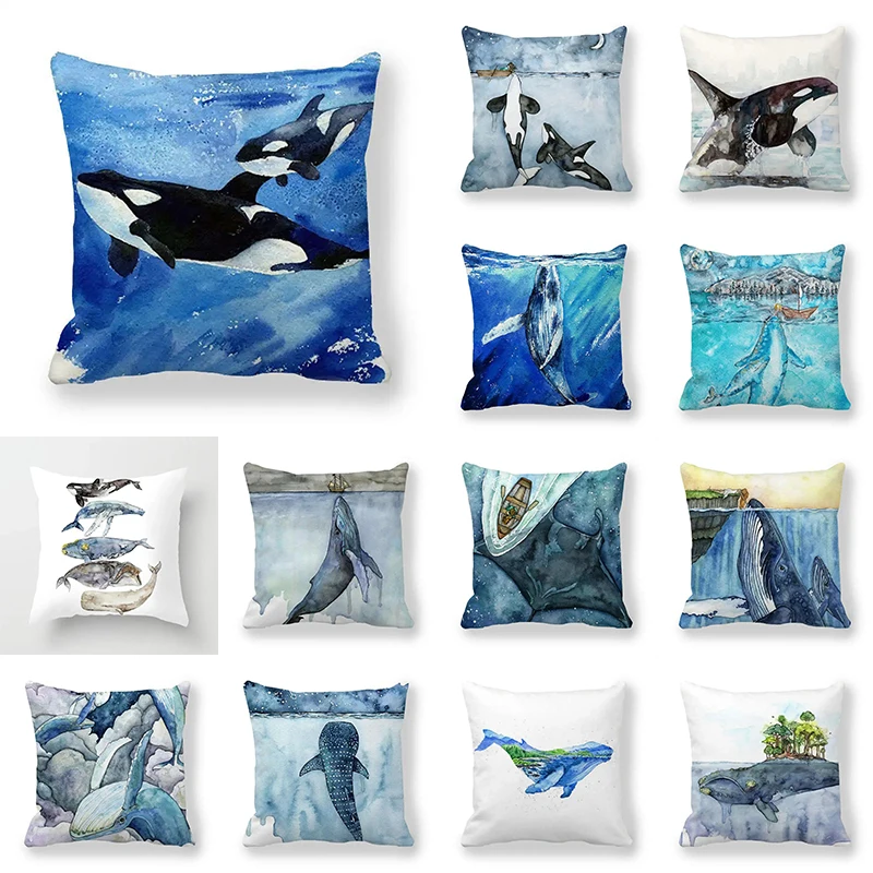 

Watercolor whale series pillowcase home bedroom living room sofa cushion cover 45x45cm peach skin pillowcase