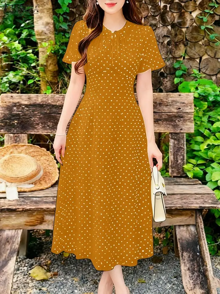 ZANZEA Frauen 2025, Sommerkleid, elegant, kurzärmelig, gepunktet, lässig, mit Schnürung, Urlaub, Midi-Robe, modisch, Arbeit, Vestidos