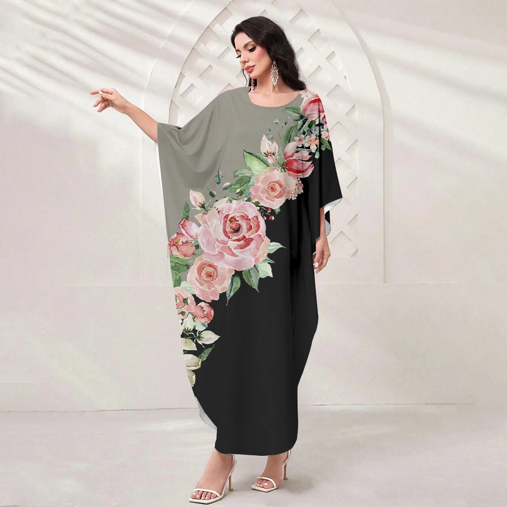 Dubaï Nouvelle Abaya Femmes D'été Chauve-souris Manches Robes Élégant Floral Imprimé Lâche Femmes Musulmanes Robes De Soirée Exquis 2024