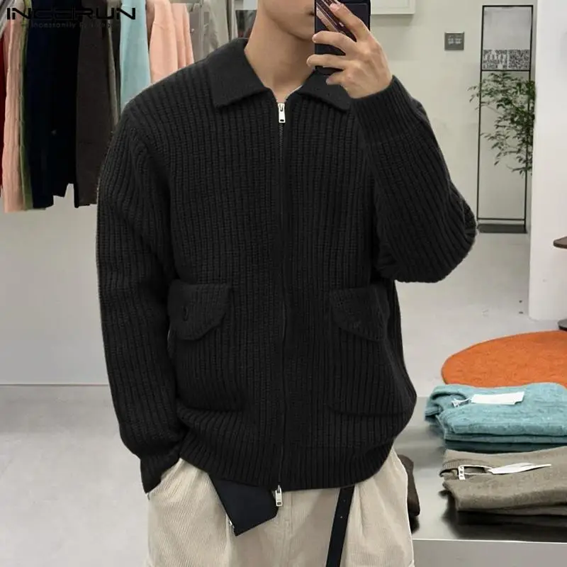 

INCERUN Tops 2023 Handsome New Men's Solid Knitted Double Head Zipper Sweater Leisure Long Sleeved Lapel Cardigan Sweater S-5XL