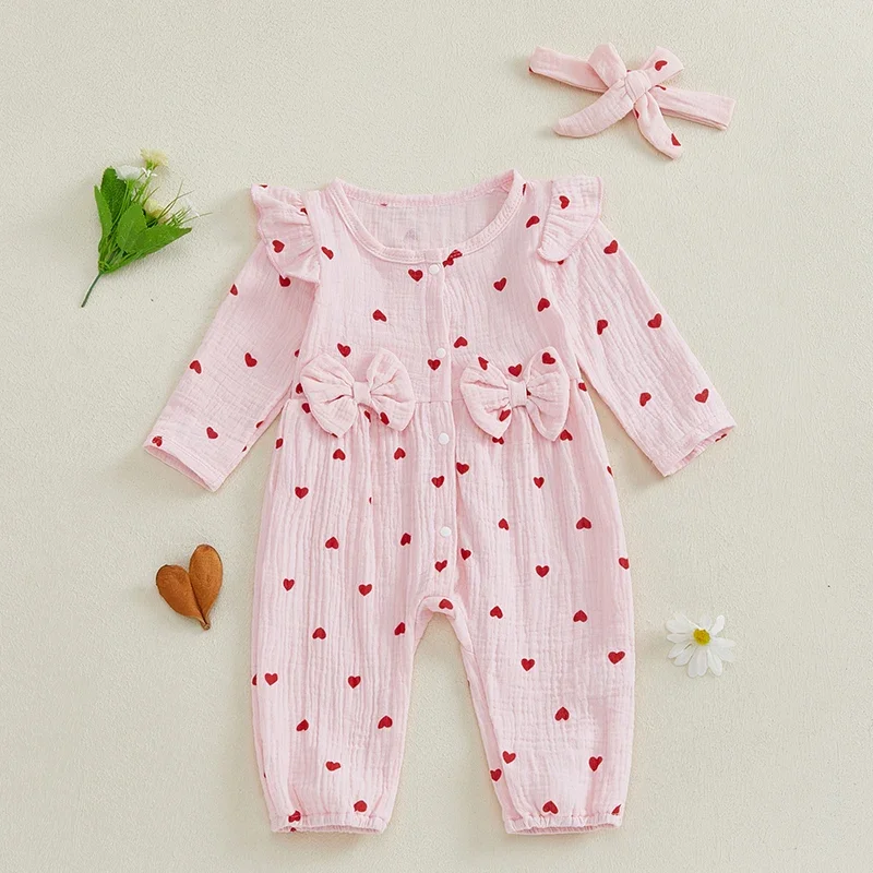 Tregren Autumn Newborn Infant Baby Girl Romper Jumpsuit Long Sleeve Crewneck Heart Print Playsuit with Headband Baby Clothes