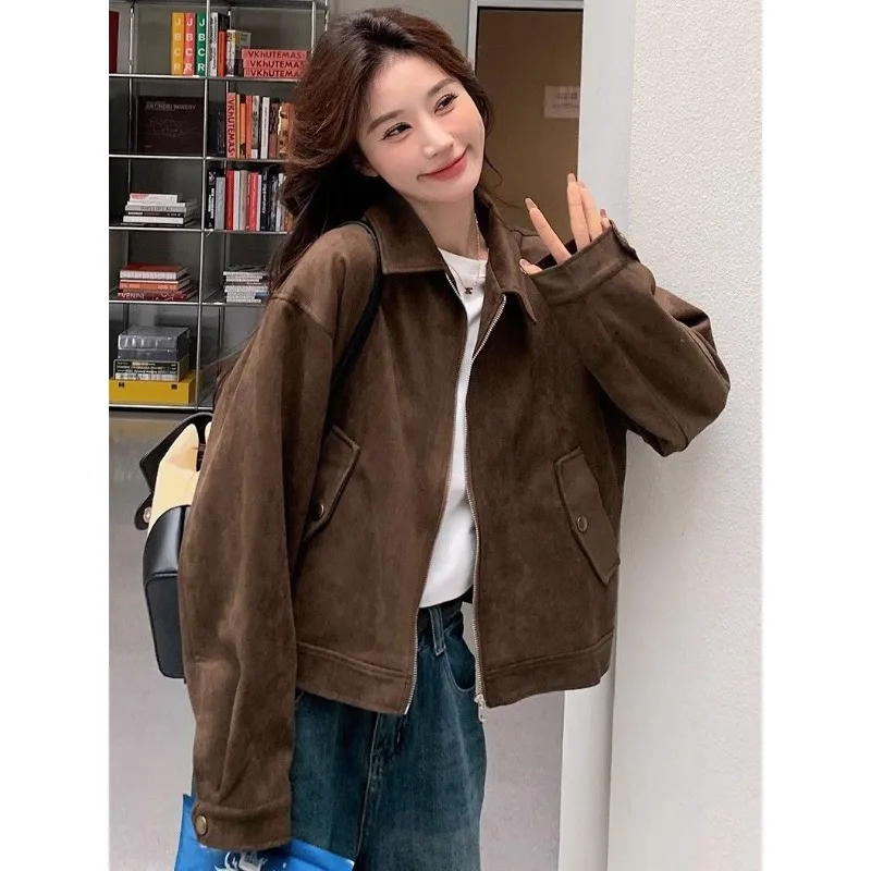 

Блузка-жакет женская весенне-осенняя меланжевая с отложным воротником в корейском стиле, укороченная, в американском стиле, для миниатюрных, ретро, удобная, универсальная