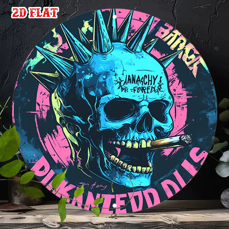 2D Flaches, 1-teiliges Retro-Punk-Totenkopf-Metallschild – Edgy Gothic-Dekor mit Spitzkanten, kräftiger Graffiti-Text – Robuste Eisenkonstruktion
