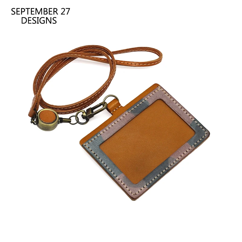 

ID Badge For Office Work Genuine Leather Luxury Credit Card Bag Neck Strap Lanyard Reel Bus Card Wallet Mini Purses