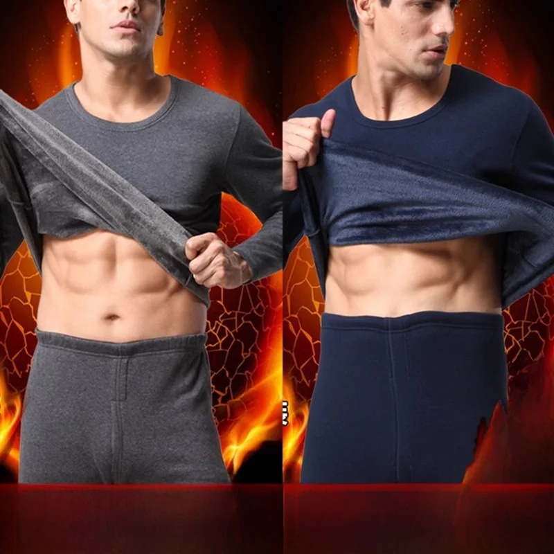 

Men's Warmth-Preserving Thickened Fleece Underwear Set Pure Color Tight Fit Long Sleeve round Neck Home Clothes for Youth