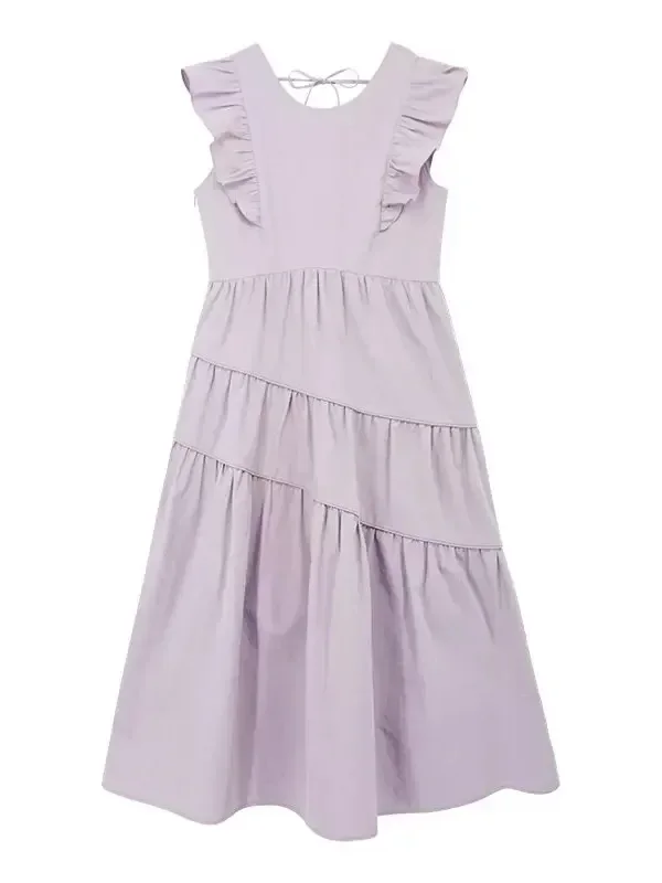 Verão novo pequeno vestido de mangas voadoras feminino design doce fino fada estilo francês vestido longo sólido adorável em camadas moda