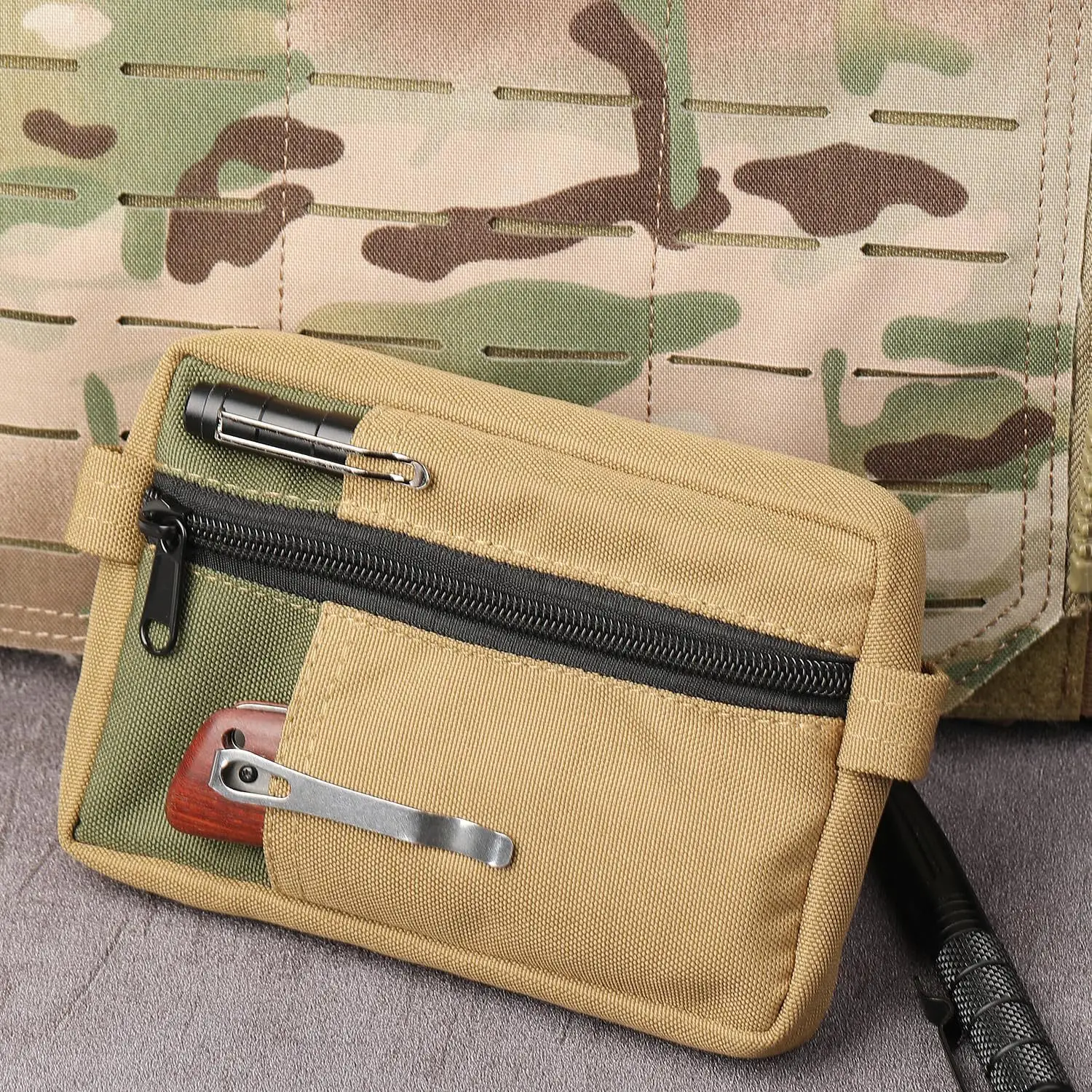 EDC Pocket Organizer for Men Small EDC Pocket Utility Pouch Flashlight Molle Knife Zipper Waist Bag Pouch for Outdoor Activities