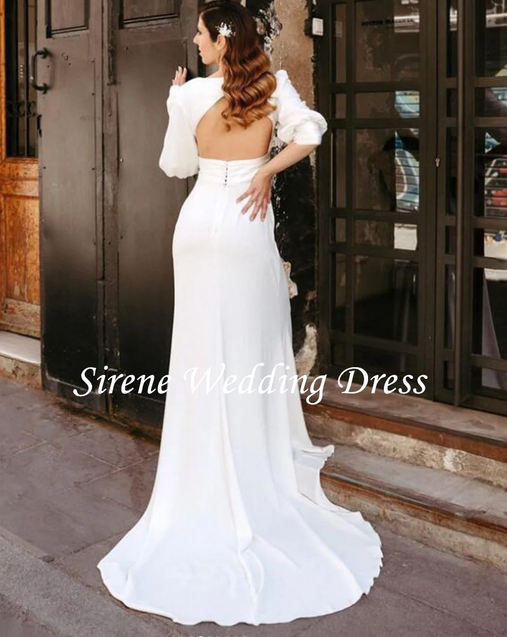 Sirene elegante Brautkleider mit V-Ausschnitt für Frauen mit langen Puff ärmeln Brautkleid eine Linie Sweep Train Robe de Mariée für Frauen