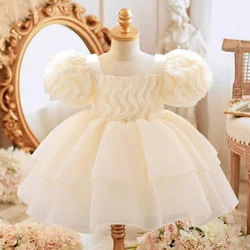 Fluffy Tulle Baby Girl Party Dress Puff Sleeve White 1st Birthday Baptism Wedding Princess Dresses Girls Bridemaid Baby Clothing