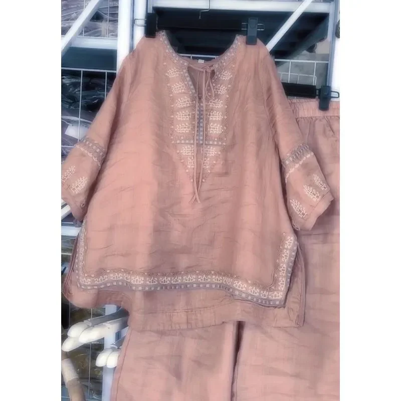 2025 ربيع جديد للمرأة 2 قطعة مجموعة النمط الصيني فضفاض مرونة الخصر واسعة الساقين سراويل تقليدية وبلوزة التطريز الجانبية سبليت #4