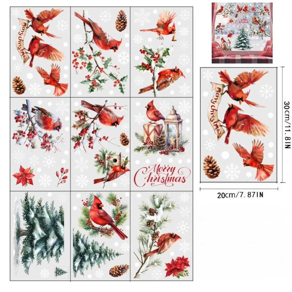 9pcs Christmas Window Decals Cardinal Birds Snowflakes Pine Tree Vinyl Stickers for Glass Door Window Xmas Home Decoration Party view 5