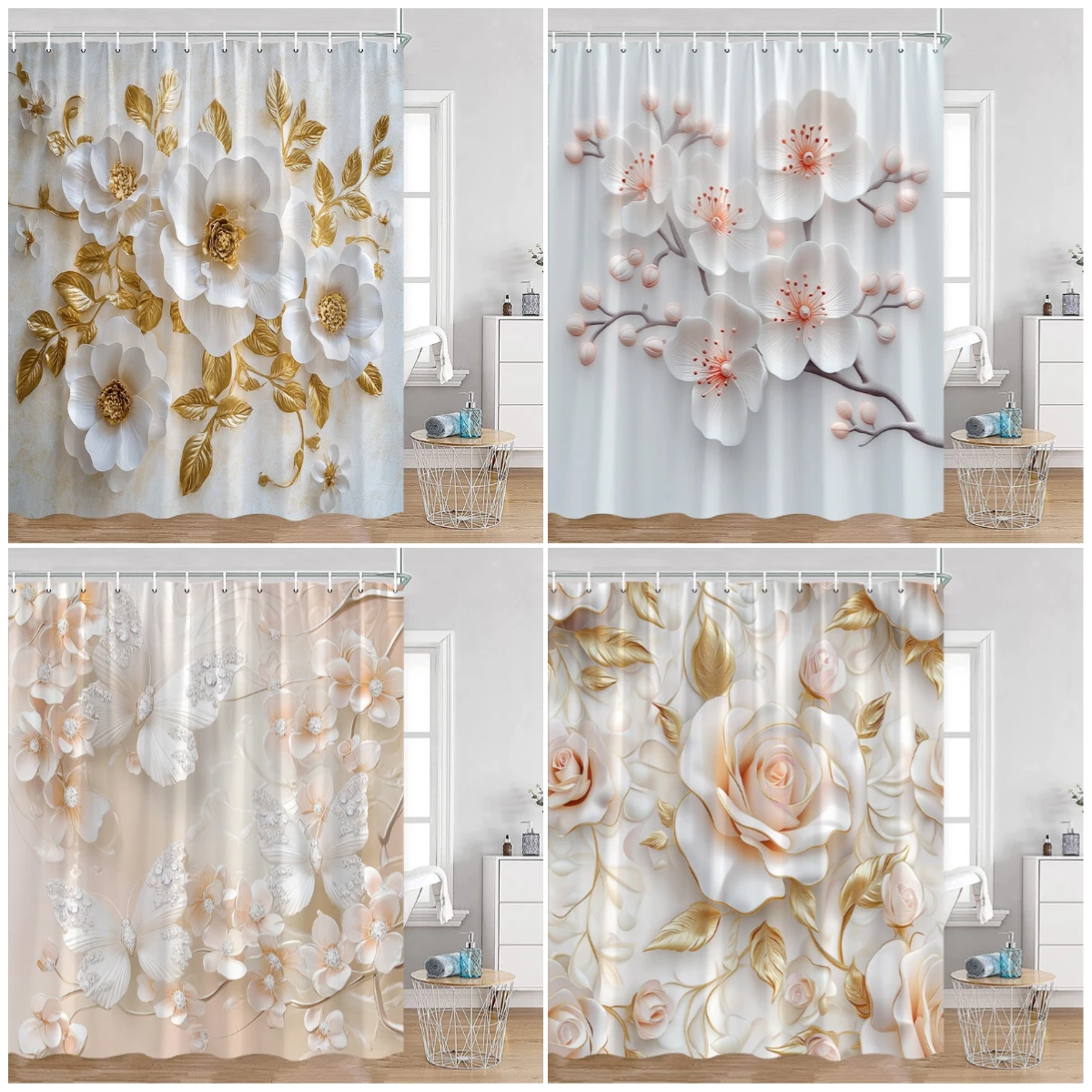 Luxury Gold White Floral Shower Curtain Rose Butterfly Cherry Blossom Modern Art Flower Polyester Fabric Bathroom Curtains Decor