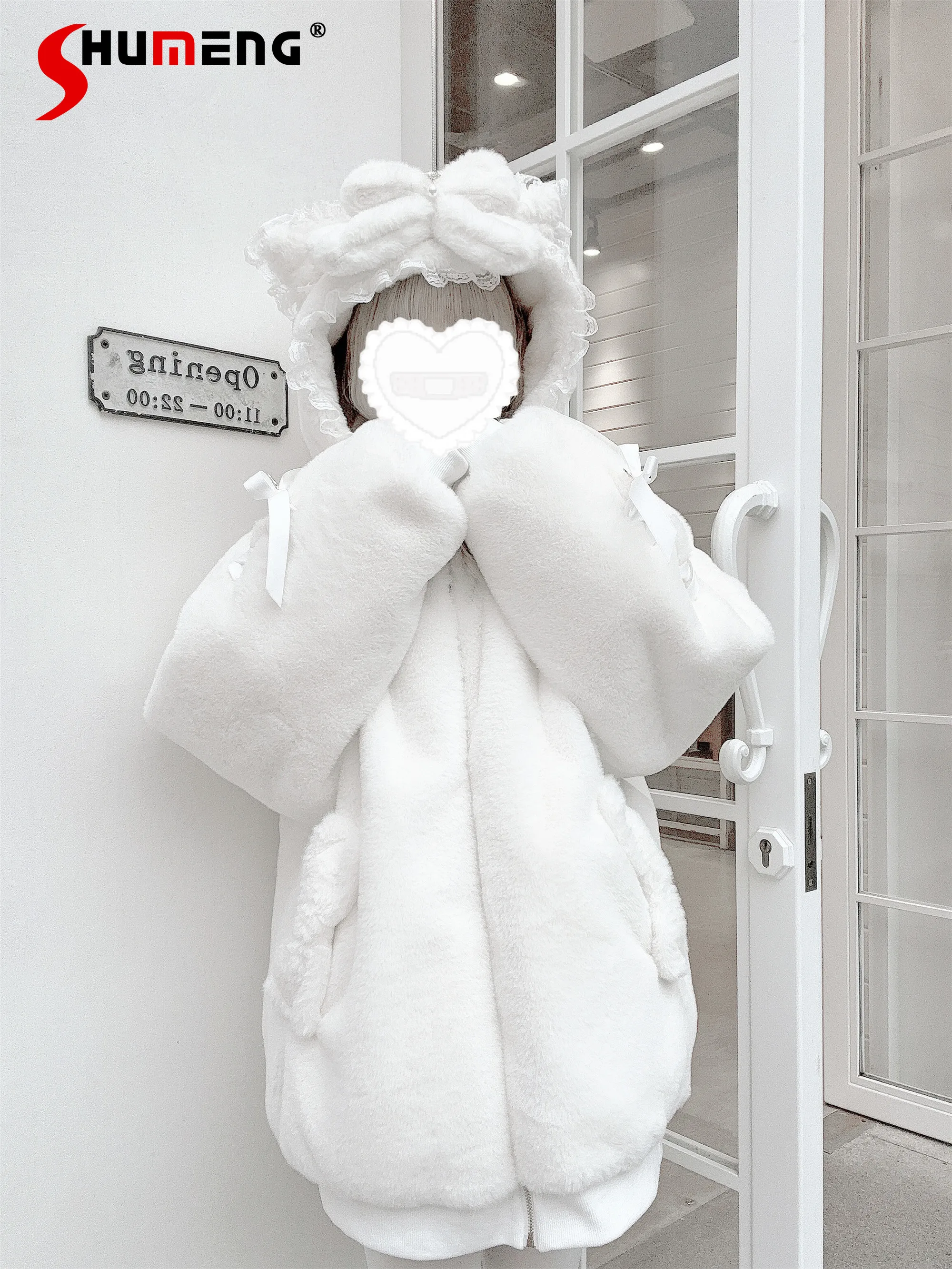 

Японские милые кружевные лоскутные толстовки с кошачьими ушками и бантом на молнии, свободные универсальные утолщенные плюшевые толстовки для женщин, зимняя куртка