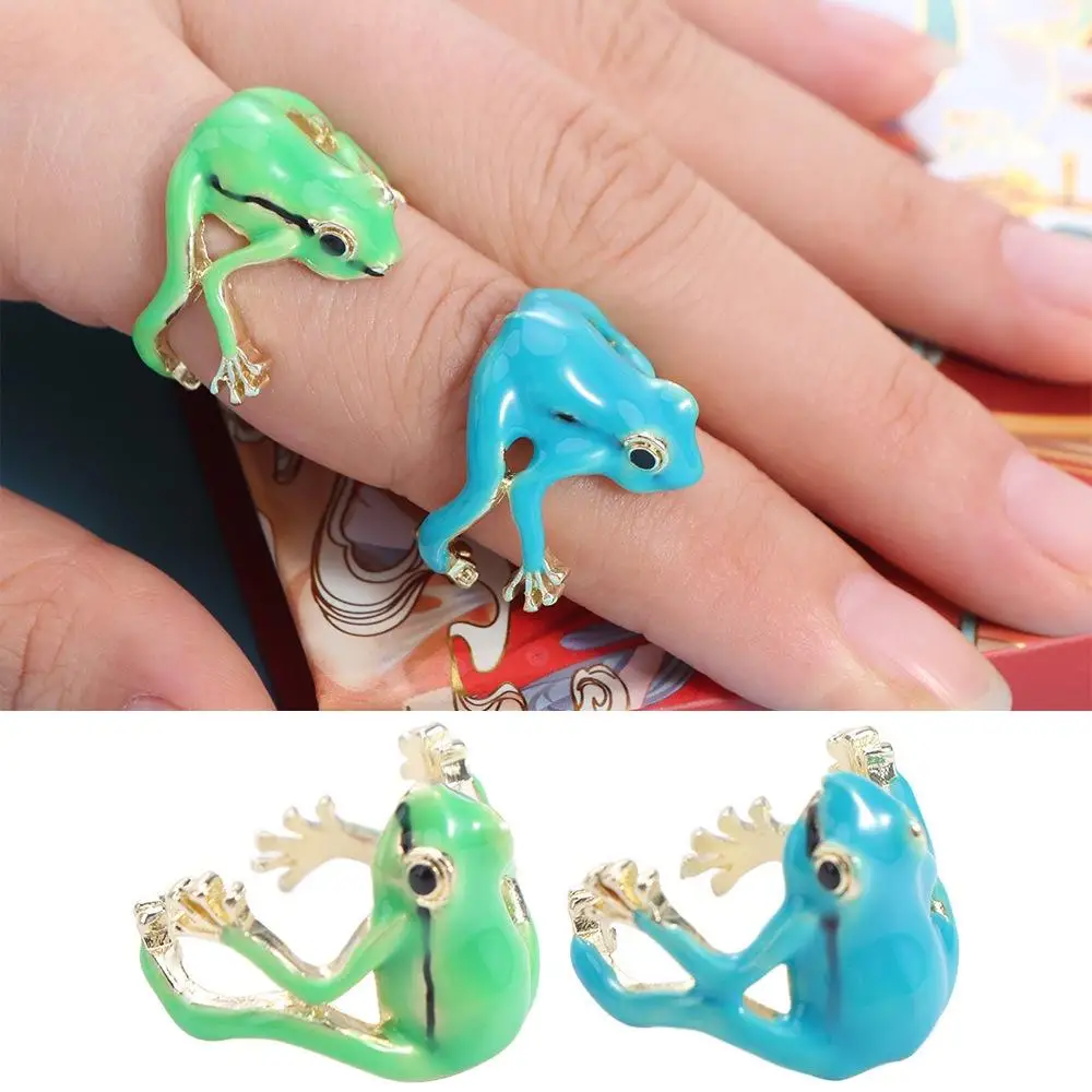 Fashion Weird Green Frog Ring Enamel Alloy Creative Frog Ring Emulational Opening Finger Ring Girls