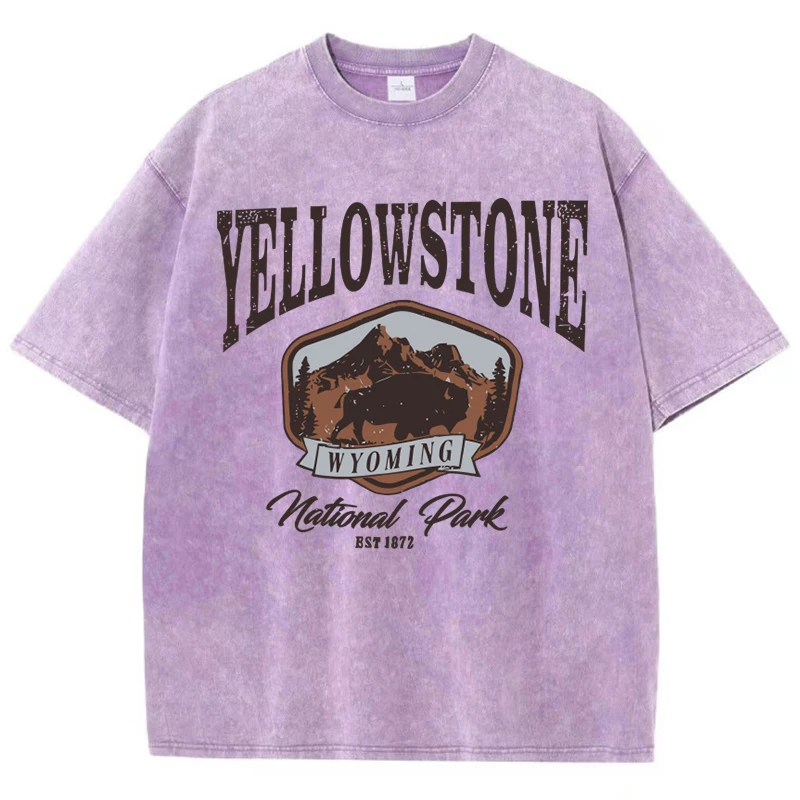 Woman Cotton Washed T-Shirts All-Math O-Neck Distressed Short Sleeve The Bison In Yellowstone Park Printing Tops Summer Clothes