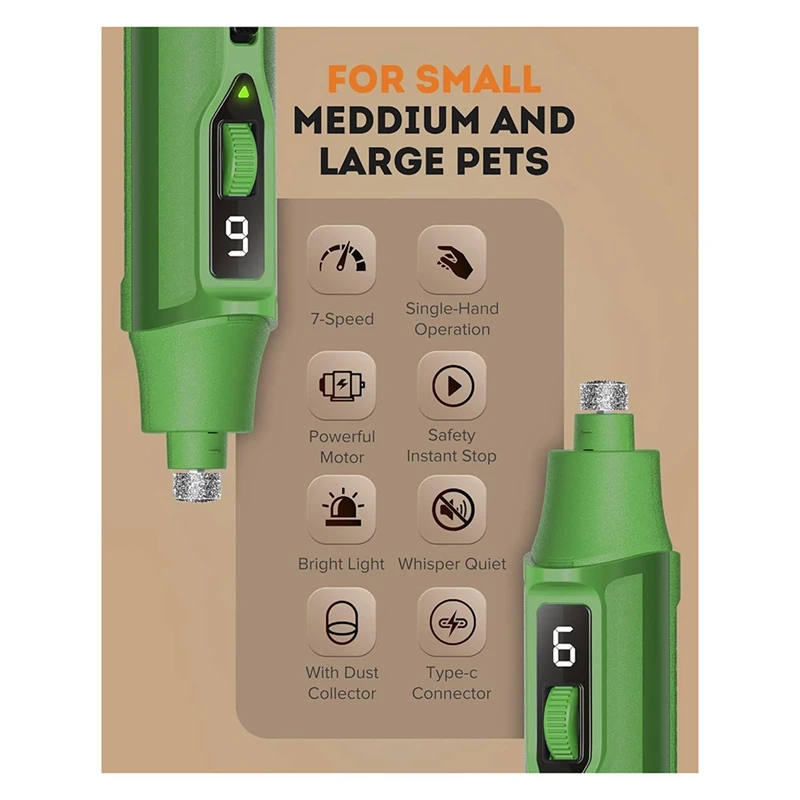 7-Speed Pet Grinder with Light - Heavy Duty, Whisper Quiet Trimmer for Dogs, Cats, Birds & Small Animals-A50M
