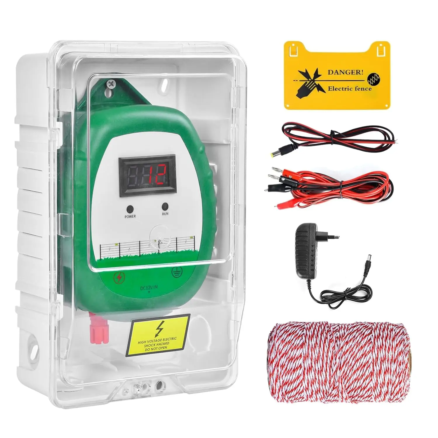 10KM Electronic Fence Kit LCD Display Pulse Controller Shepherd Charger Energizer for Farm Cows Cattle Horse Goat Livestock Tool