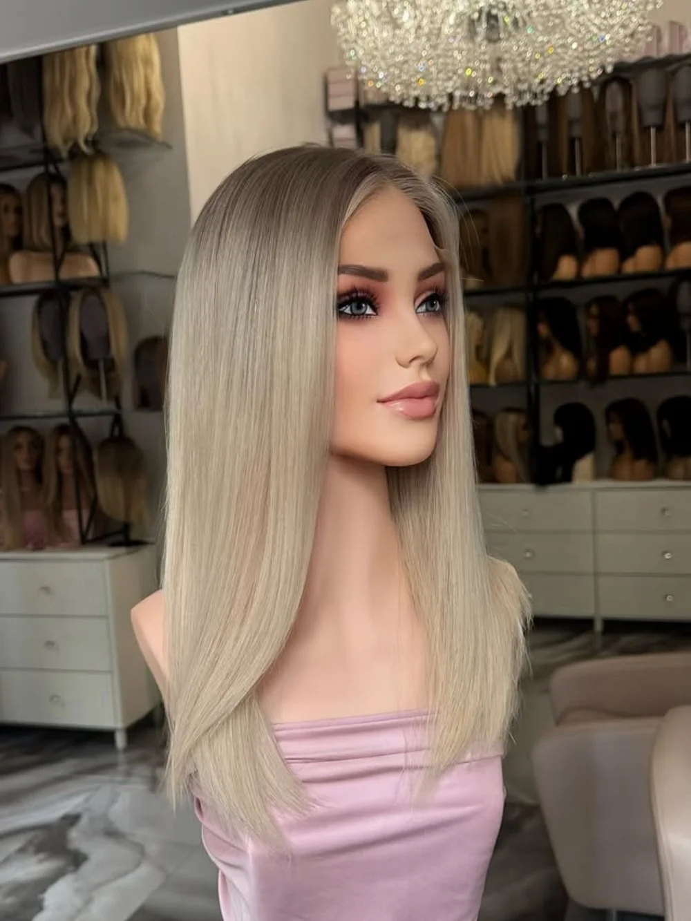 Synthetic Lace Front Wig Straight Hair Long Bob Wig Synthetic Lace Wig 16 Inch Ash Rooted Platinum Blonde Wigs For Women