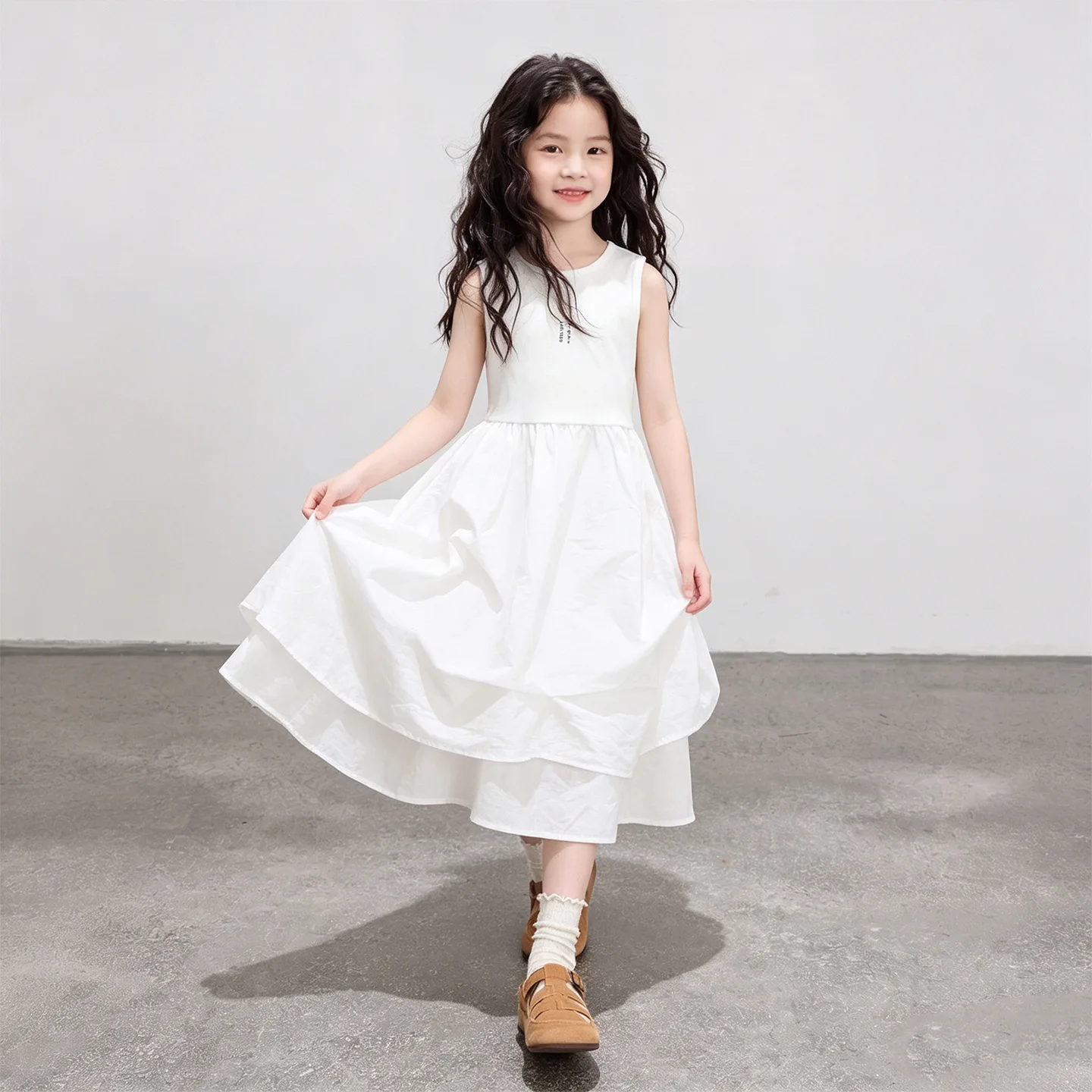 Korean Summer White Girls Minimalist High-end Sleeveless Vest Dress 2026 Girl Fashionable Summer princess Irregular Folds Dress