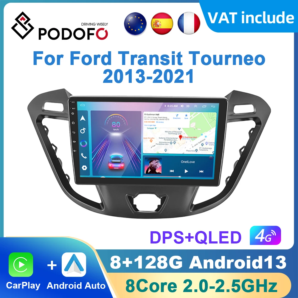 Podofo AI Voice Android Carplay Car Radio For Ford Transit Tourneo 2013-2021 Android Auto Multimedia Player GPS Navigation RDS