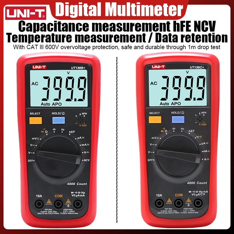 

Цифровые мультиметры UNI-T UT136B + UT136C + измеритель напряжения постоянного и переменного тока, дисплей 4000, мультитестер, тестер транзисторов