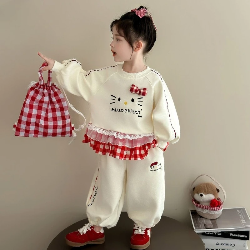 

Kawaii Hello Kitty Sanrio Students Cute Cartoon Long Sleeve Sportswear Children Comfortable Warm Hoodie Trousers Gift for Kids