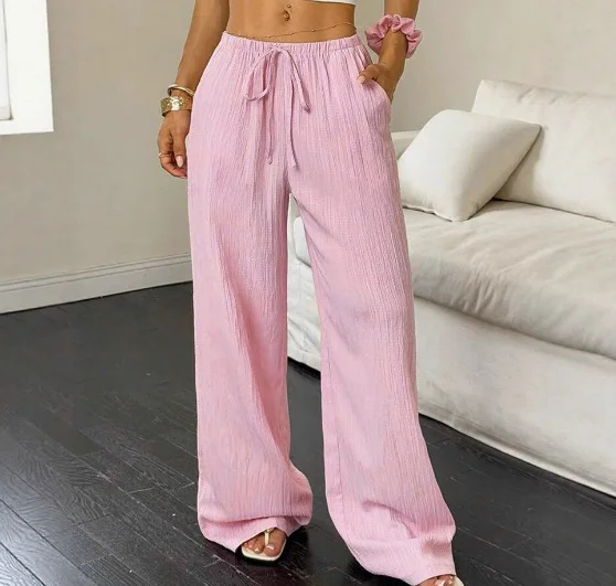 Women's Elegant Multi-Functional Stretch Waist Comfortable Casual Pants, Slightly Stretchy Simple Solid Textured Fabric High-Waist Wide-Leg Pants with Drawstring Waist and Slanted Pockets