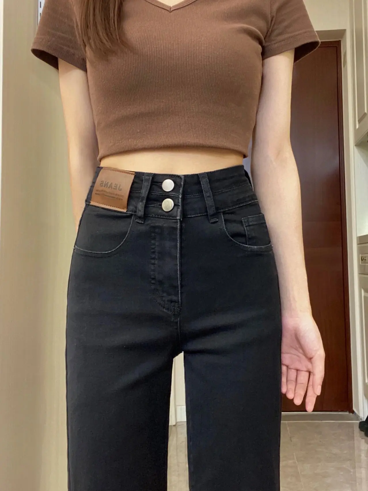 

Прямые джинсы с высокой талией, женские осенние утягивающие универсальные брюки для папы из девяти предметов, большие размеры, брюки-трубы