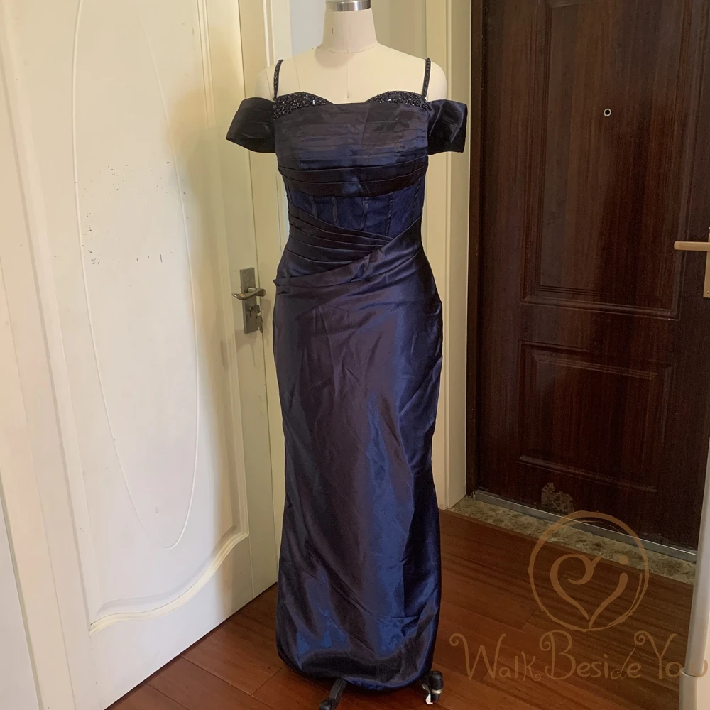 Robe de Soirée Longue en Satin Bleu Marine, Élégante, Sirène, Appliques en Dentelle, Bretelles Spaghetti, Décolletée, Plissée, Bal de Promo, 2023