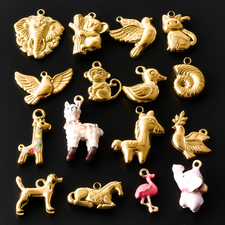 10pcs Enamel Animal Charms Koala Yellow Duck Monkey Giraffe Stainless Steel Pendant For Bracelet Necklace Keychain DIY Jewelry
