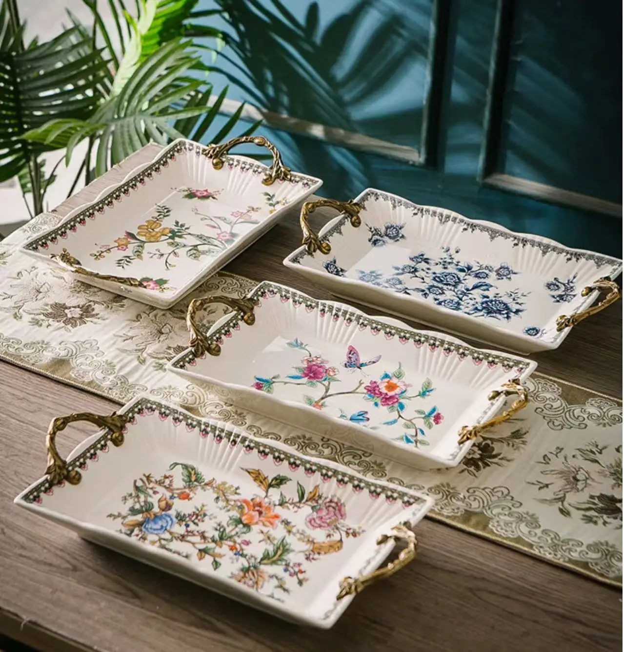 Vintage painted ceramic tray alloy double ear handle tea tray household fruit Dim sum tray porch jewelry storage tray