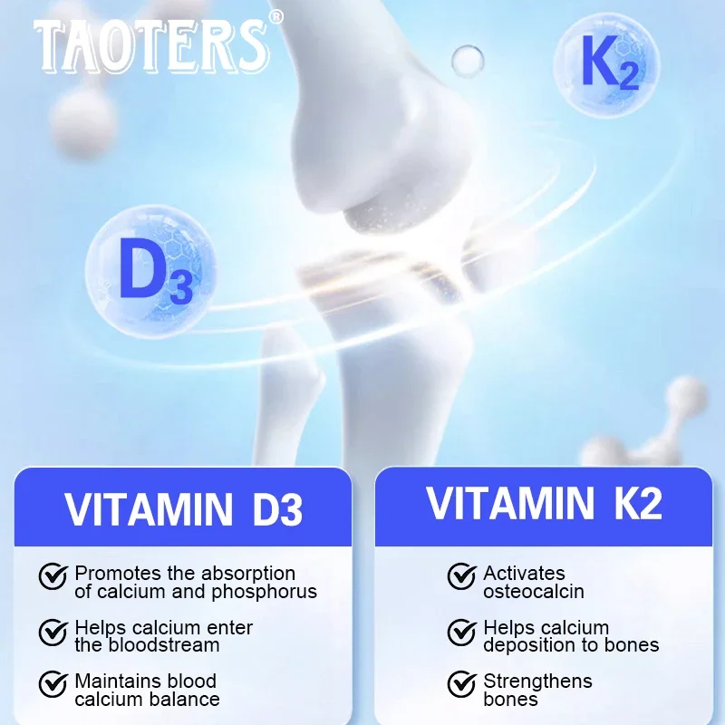 TAOTERS Suplemento de vitamina D3+K2 para apoyar la salud de las articulaciones, huesos y inmune Fórmula sin OGM complejo de vitamina D y K fácil de rodar