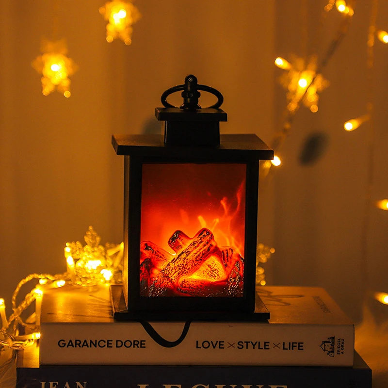 LED Fireplace Light with Timer, Realistic Wood Fire Flame Lantern, Christmas Charcoal StyleTable Lamp, for Holiday,Winter Decor