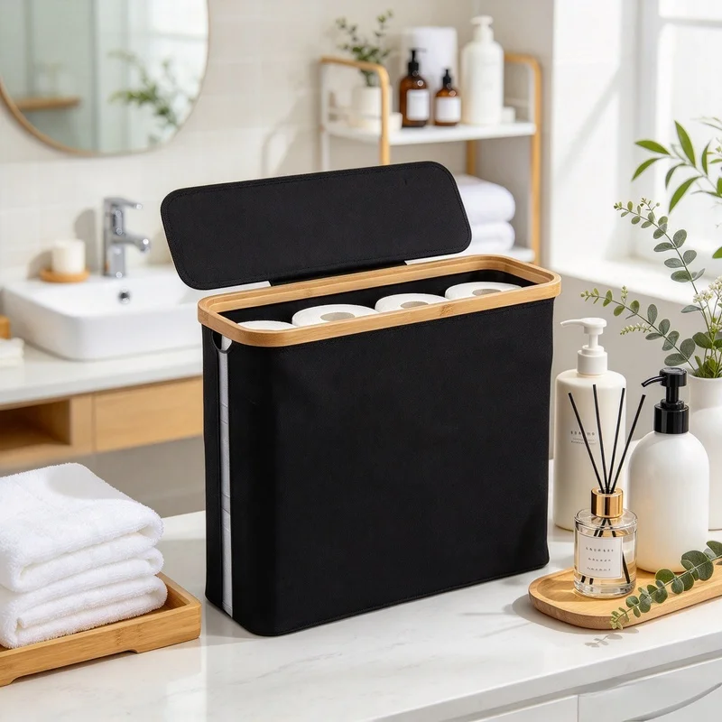 Oxford Fabric Toilet Paper Holder with Bamboo Frame & Lid, Large Capacity Bathroom Rack for 12 Rolls