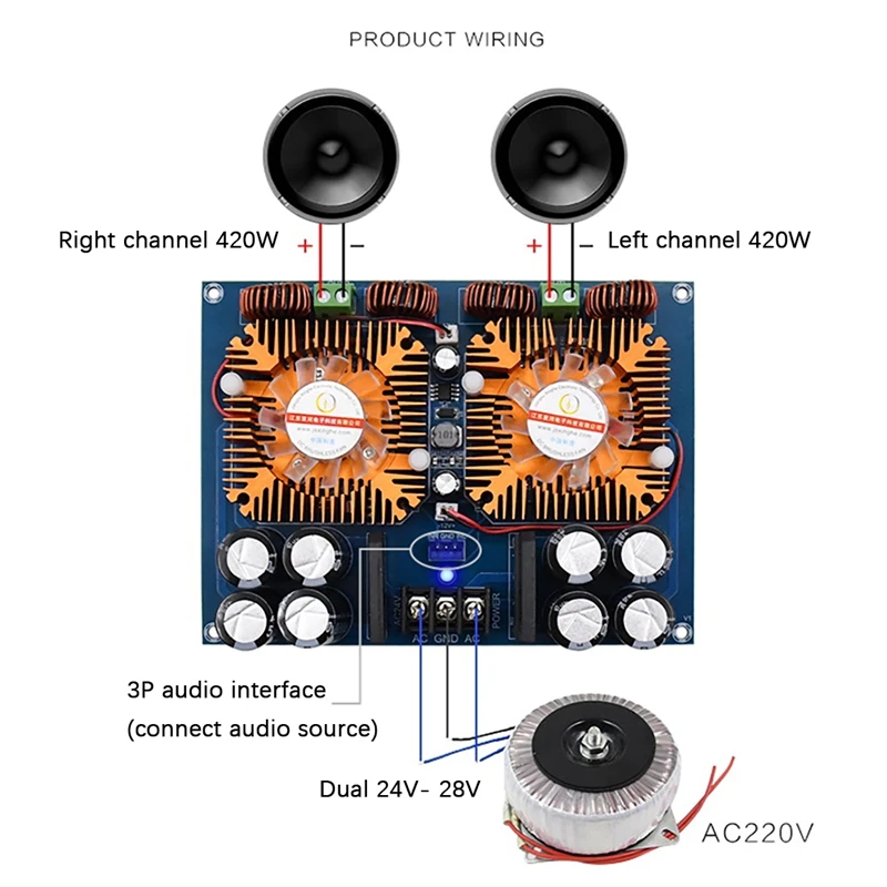 XH-M254 Digital Power Amplifier Board TDA8954TH 420Wx2 High-Power Two-Channel Audio Power Amplifier Board With Fan