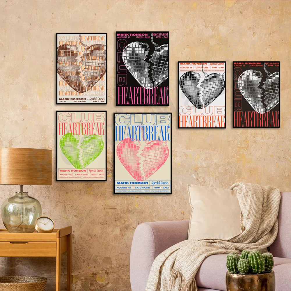 Trendy retro club heartbreak green pink print abstract quote wall art modern room decor poster, illustration aesthetic gift