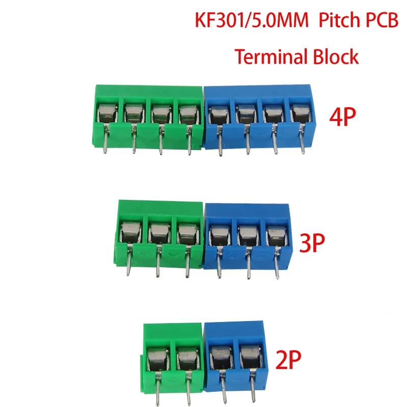 10/20/50Pcs/lot KF301-5.0-2P KF301-3P KF301-4P Pitch 5.0mm Straight Pin 2P 3P 4P Screw PCB Terminal Block Connector Blue Green